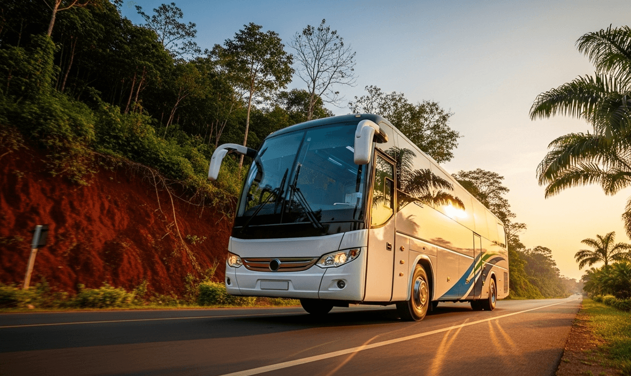 Bus de voyage sur une route du Cameroun